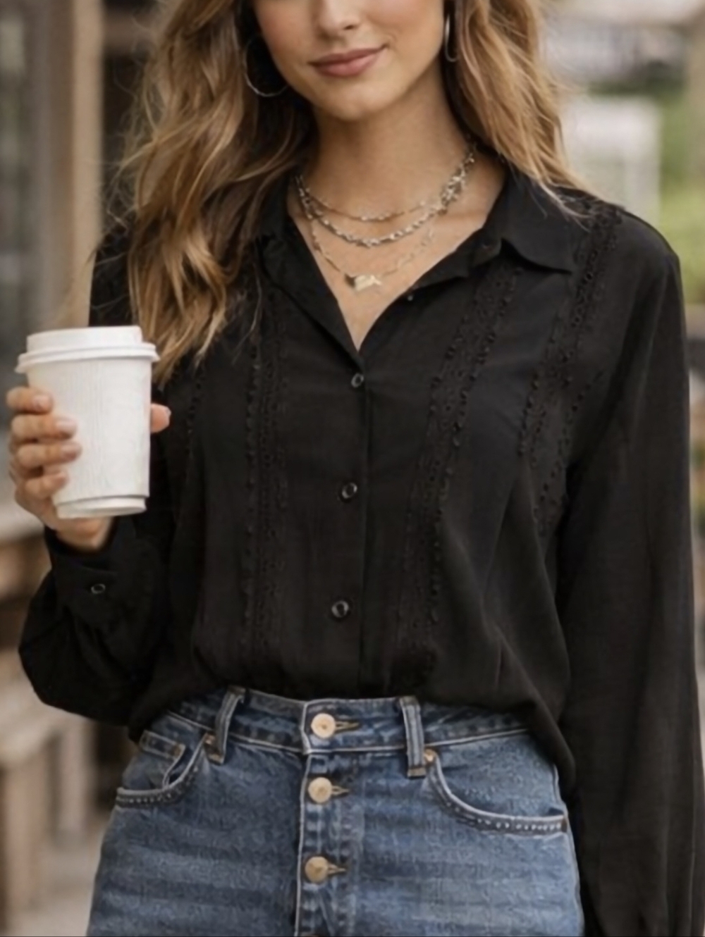 Zara Black Lace Panel Blouse Button Up Sheer Sleeve Boho Chic Top M